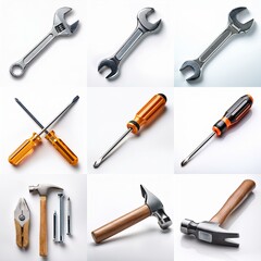 Fototapeta premium A collection of tools including wrenches, screwdrivers, hammers, and pliers arranged on a white background.