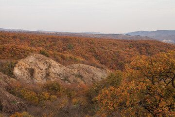 a panoramic view of autumn landscape with mountain hills surrounded by trees with yellow and red foliage at birtvisi canyon in georgia at a sunset light