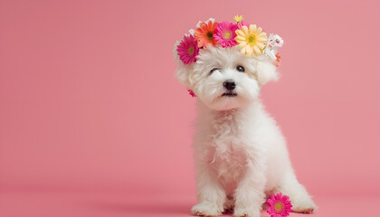 Adorable Bichon wearing wreath made of beautiful flowers on pink background, space for text