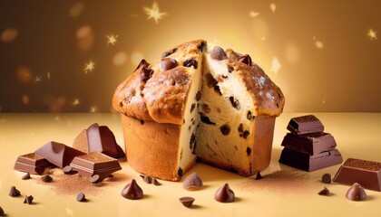 Christmas Panettone with chocolate pieces on a bright background