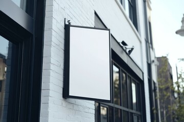 black empty outdoor hanging business signage on the side of the building,