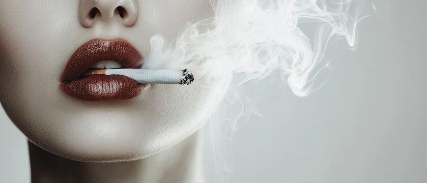 Closeup of a woman s lips with a cigarette between them, smoke gently curling, pure white background, highfashion aesthetic