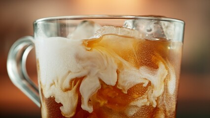Macro Shot of Pouring Milk into Ice Coffee, Close-up