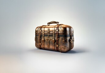An ornate, metallic suitcase with detailed embellishments sits on a plain background.