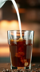 Freeze Motion Shot of Pouring Milk into Coffee in a Cafe