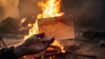 Fototapeta premium a hand holds a burned blank piece of paper