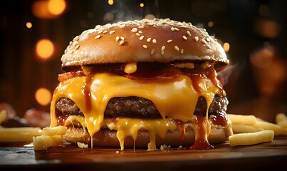 Delicious melted cheese burger , generative ai
