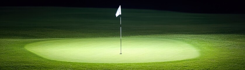 Obraz premium A serene night scene of a golf course hole, featuring a solitary flag illuminated by gentle light, evoking tranquility and focus.