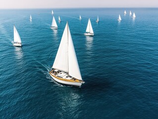 Fototapeta premium A serene view of multiple sailboats gliding across tranquil blue waters under a clear sky, perfect for boat lovers and nature enthusiasts.