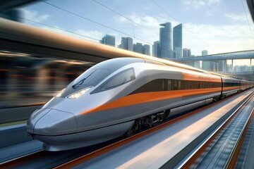 Fototapeta premium The high-speed train is moving at full power on the highway in front of city buildings. 