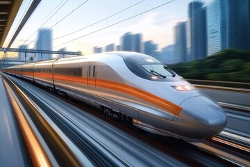 Fototapeta premium The high-speed train is moving at full power on the highway in front of city buildings. 