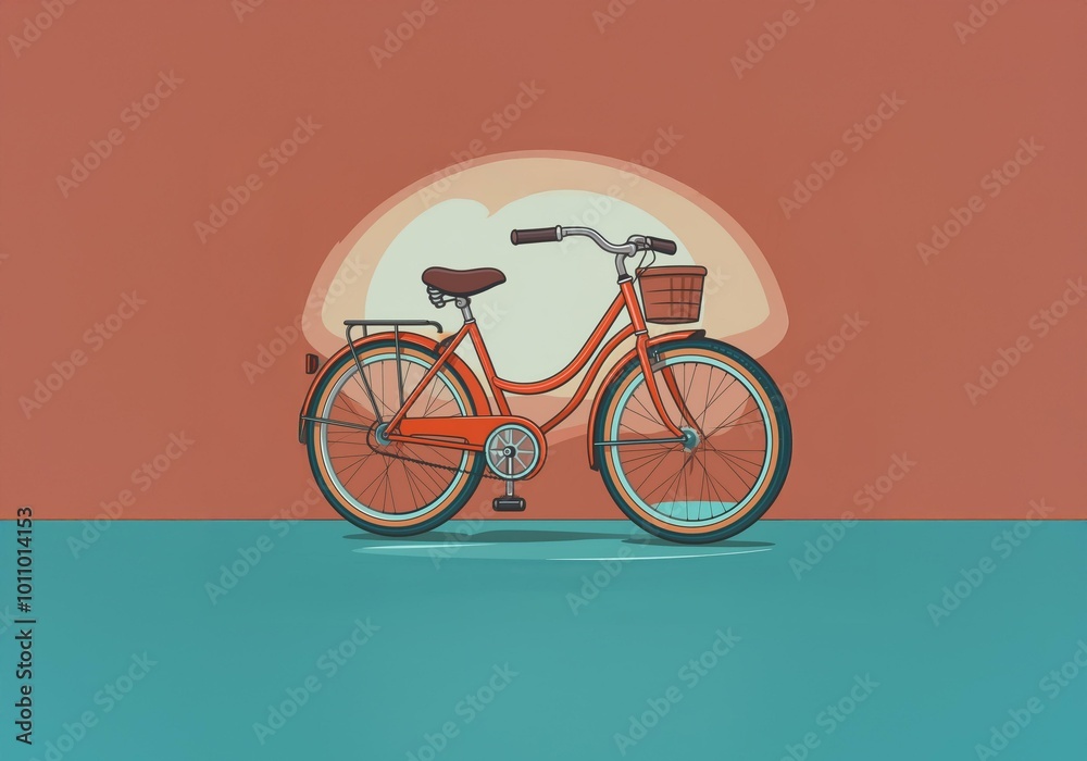 Poster red bicycle with a basket and a brown seat against a simple background.