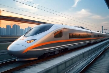 Fototapeta premium The high-speed train is moving at full power on the highway in front of city buildings. 