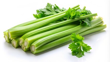 Obraz premium Fresh celery stalks displayed on a crisp white background, showcasing vibrant colors and textures, inspiring healthy