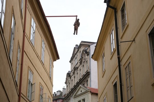 Prague, Czech Republic - 27 September 2024: Prague, Czech Republic - 27 September 2024: Man Hanging Out, a Funny Statue of Sigmund Freud made by David Cerny in 1996.
