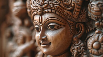 A close-up of a Krishna figure carved from wood by a tribal artisan, highlighting traditional craftsmanship