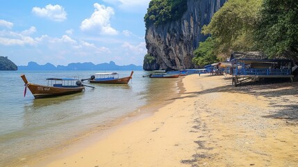 Obraz premium A beautiful sandy beach at Koh Panyee, surrounded by limestone cliffs, attracting visitors for relaxation and adventure.