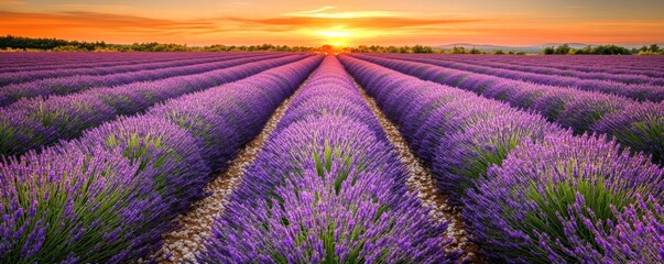 Obraz premium A stunning lavender field at sunset, showcasing vibrant purple rows against a golden sky, perfect for nature and gardening themes.