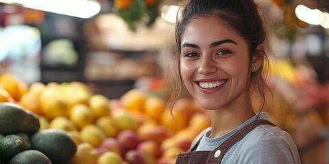 smiling supermarket worker in the fruit section, friendly female employee looking at the camera, representing customer service and fresh produce in a welcoming grocery store environment