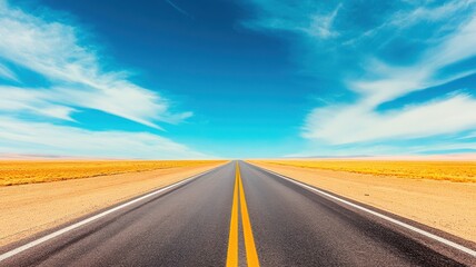 Naklejka premium A stunning open road stretching toward a vibrant blue sky, framed by golden fields under a bright sun, ideal for travel themes.