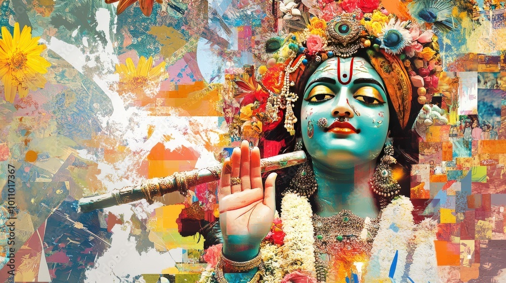 Fototapete A digital collage combining Krishna with various elements of popular culture, creating a unique