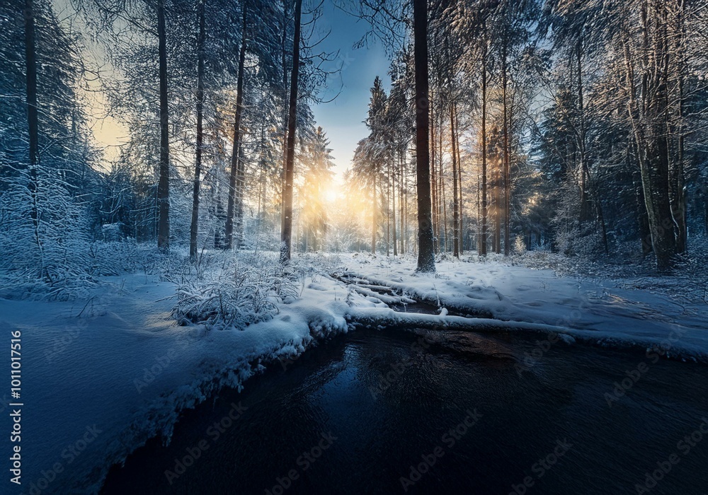 Poster Sunlight filters through a snow-covered forest, illuminating a frozen stream.