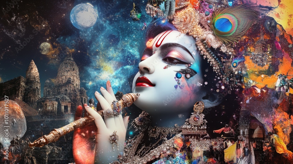 Fototapete A digital collage combining Krishna with various elements of popular culture, creating a unique