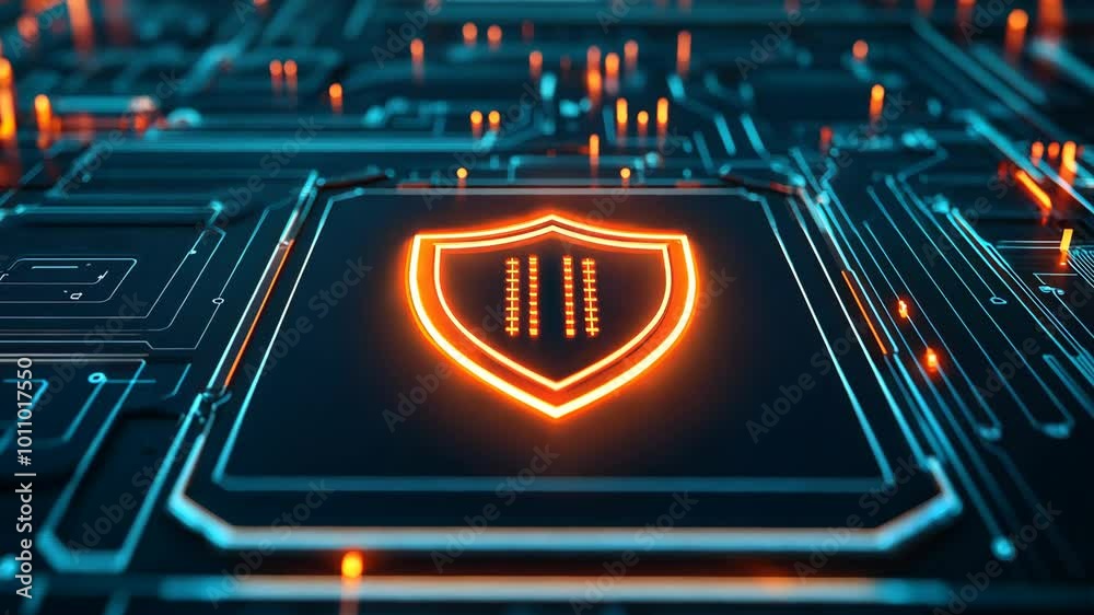 Poster A computer chip with a glowing shield on it