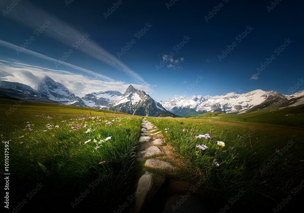 Aufkleber a rocky path leads through a field of wildflowers and tall grass toward a mountain range with snow-c