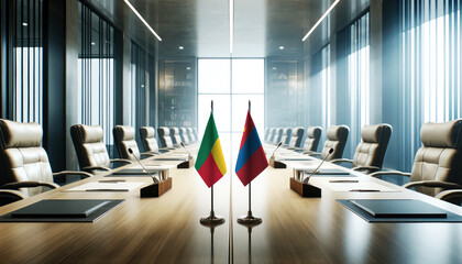 A modern conference room with Benin and Mongolia flags on a long table, symbolizing a bilateral meeting or diplomatic discussions between the two nations.