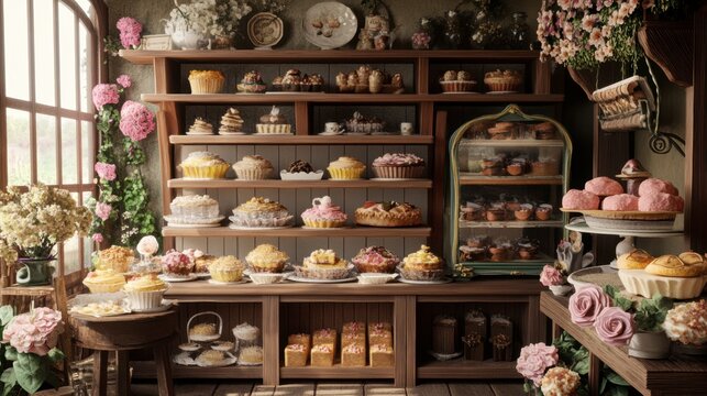 A charming countryside bakery featuring shelves filled with freshly made sweetmeats, inviting passersby to stop in.