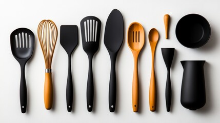 Kitchen Utensils  Cooking Tools  Spatula  Spoon  Whisk  Black and Wood Handles  Flat Lay P