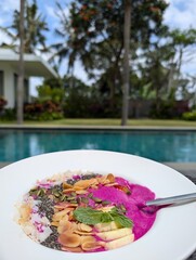 breakfast, exotic, fruit salad, dragon fruit, smoothie, pool, Bali, asia, indonesia