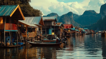 A charming seaside village in Phang Nga, with colorful houses and local fishermen preparing their boats for the day.