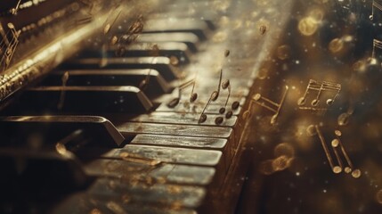 Close-up of a piano keyboard with musical notes floating around, creating a magical ambience.