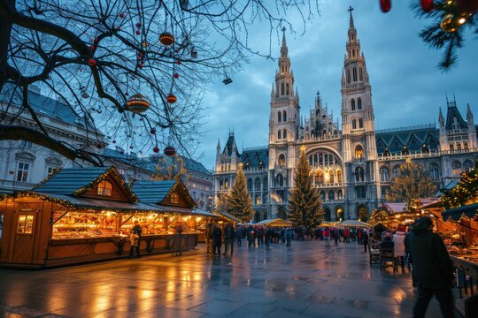 Fototapeta Vienna Rathaus Christmas Market: Nighttime Festivities in Austria's Historical Capital