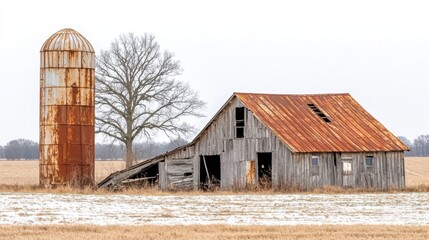 Obraz premium Abandoned Barn and Silo on Winter Landscape