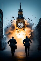 two business men running towards an exploding bell tower with clock. deadline concept. time concept. business concept.