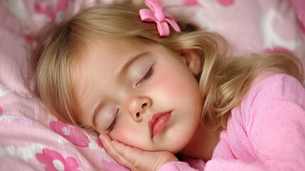 Sleeping Girl with Cute Bow in Soft Pink Setting