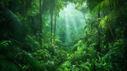 Obraz premium Green tropical forest background filtered in green, evoking nature and eco-friendly themes. 