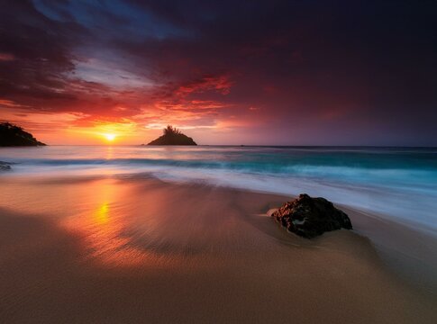 A seascape at sunset with a distant island, a rocky outcrop on the beach, and long exposure waves.