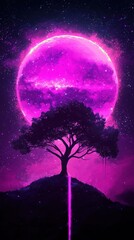 A vibrant purple moon illuminates a silhouetted tree against a cosmic background of stars and swirling clouds.