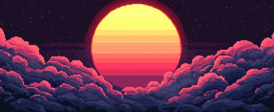 A vibrant sunset with a large sun silhouetted by colorful clouds in a pixel art style against a dark night sky.