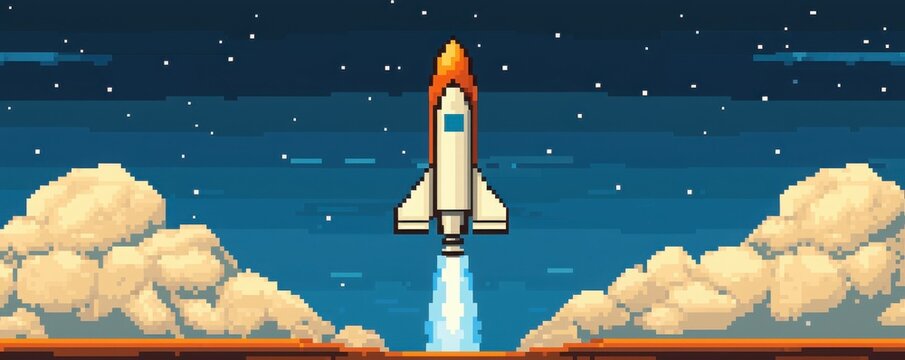 A pixel art rocket launches into a starry sky, leaving a trail of smoke against a backdrop of clouds.