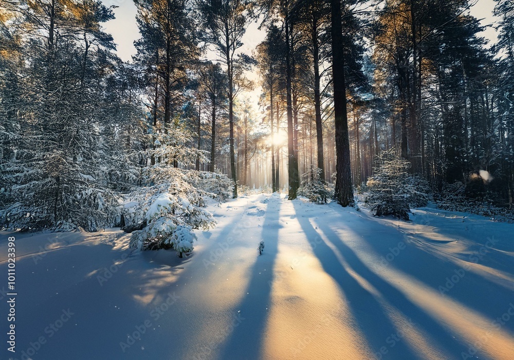 Poster sunlight filters through a snowy evergreen forest, casting long shadows on the pristine white ground