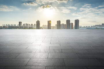 Panoramic Urban Sunset View with Modern City Skyline