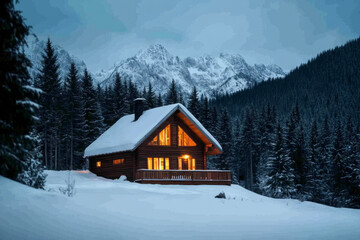 Naklejka premium House in a snowy mountain forest with windows glowing from the inside