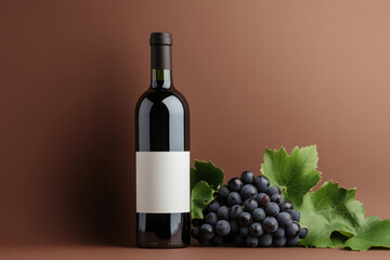 Obraz premium Wine bottle beside a bunch of dark grapes, vine leaves