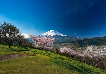 Fototapeta premium A mountain with a snow-capped peak stands against a clear blue sky, surrounded by lush green hills and a scattering of pink cherry blossom trees.