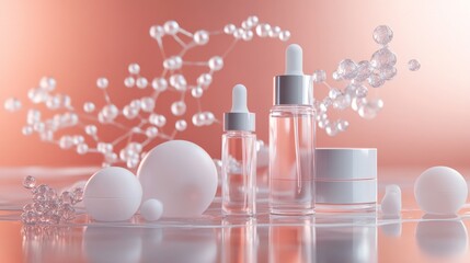 Molecule graphics for skincare products, rendered in 3D for cosmetic solutions. 